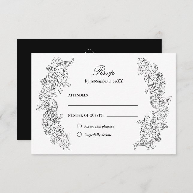 Cartão RSVP de Casamento Negro e Branco Vitoriano (Frente/Verso)