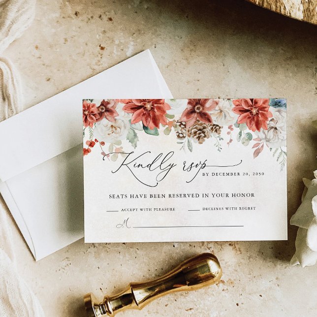 Cartão RSVP de Casamento Pinecone Red Greenery Pin (Criador carregado)