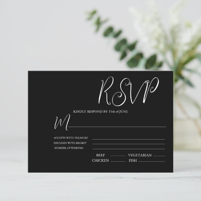 Cartão RSVP de Casamento Preto e Branco Elegante (Em pé/Frente)