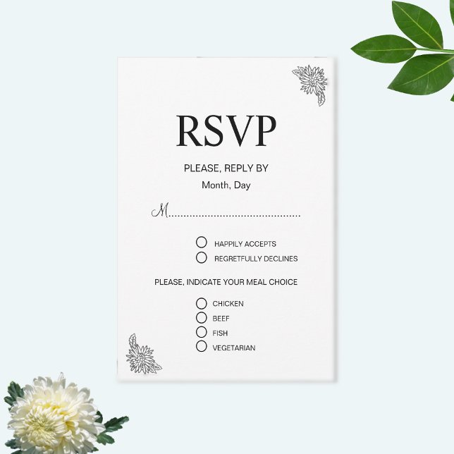 Cartão RSVP de Casamento Preto e Branco Floral Moderno (Criador carregado)