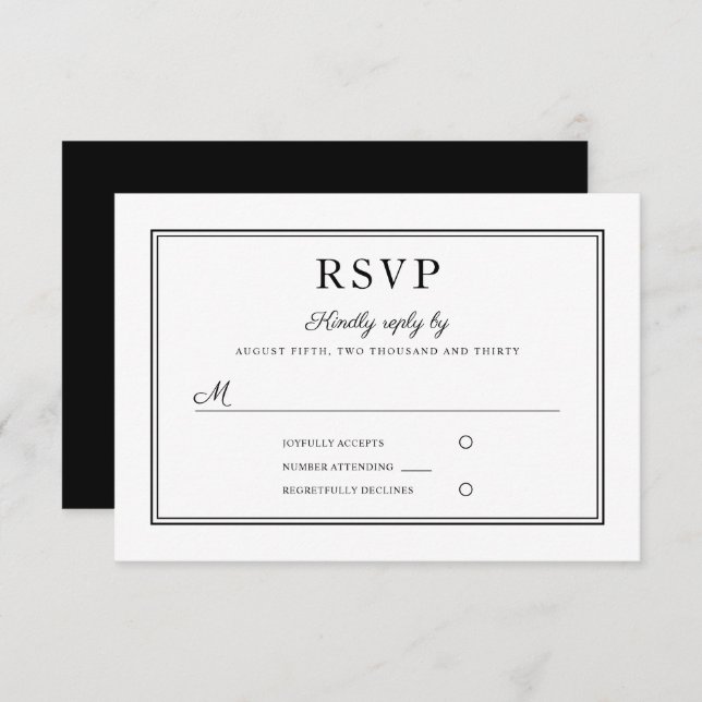 Cartão RSVP de Casamento Preto e Branco Formal (Frente/Verso)