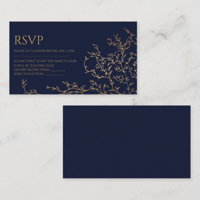 Cartão Rsvp De Casamento Real Azul-Marinho E Doura (Frente/Verso)