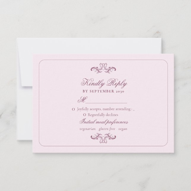 Cartão RSVP de Casamento Rosa Clássico (Frente)