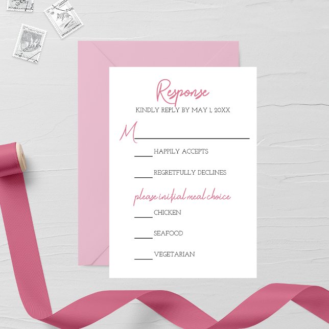 Cartão RSVP de Casamento Rosa Minimalista (Criador carregado)