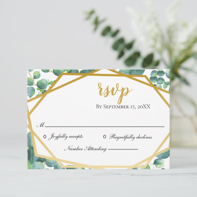 Cartão RSVP de Casamento Russo Dourado Eucalyptus (Em pé/Frente)