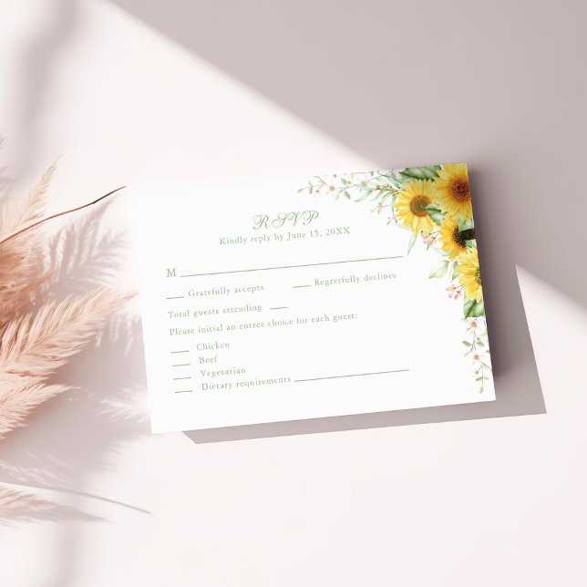 Cartão RSVP de Casamento Rustic Sunflower Delight (Rustic Sunflower Delight Wedding RSVP Card on a white sunny table)
