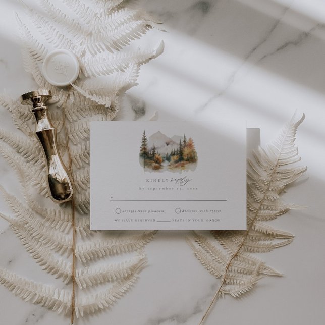 Cartão RSVP de Casamento Rustic Watercolor Mountai (Criador carregado)