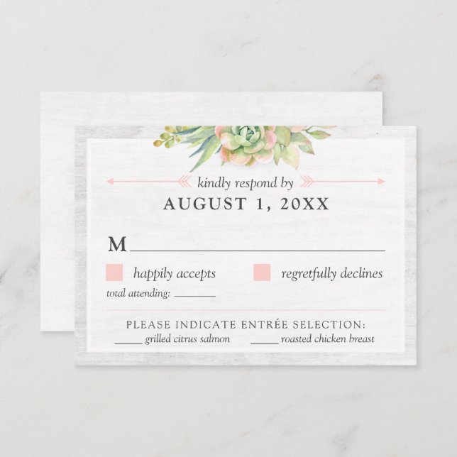 Cartão RSVP de Casamento Rustic Watercolor Suculen (Frente/Verso)