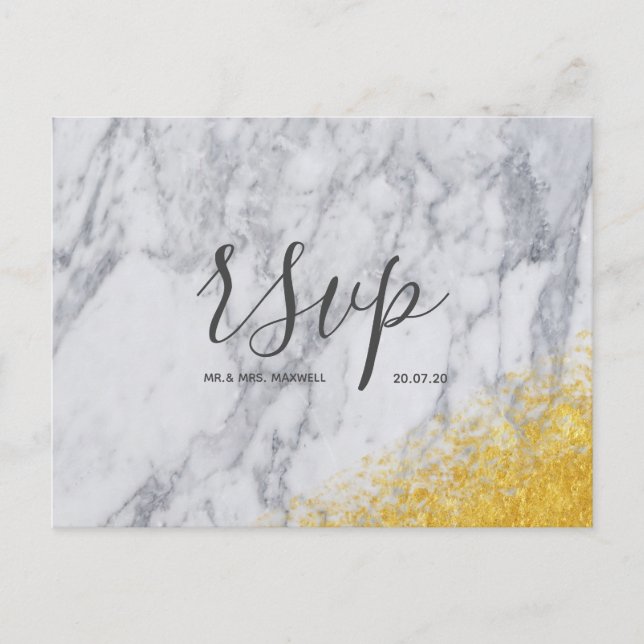 Cartão Rsvp de Casamento Script de Mármaco Dourado (Frente)