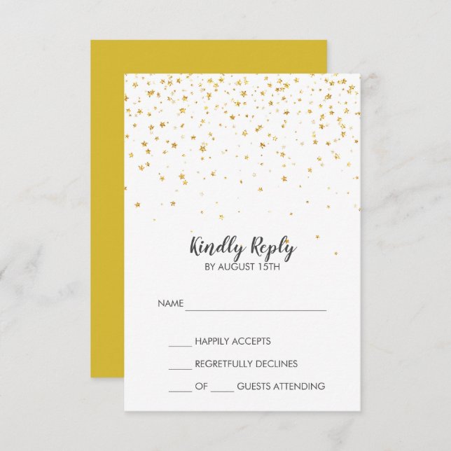 Cartão RSVP de Casamento Simples Confetti Dourado (Frente/Verso)