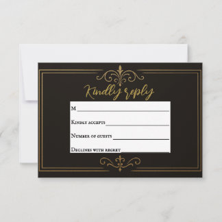 Cartão RSVP de Casamento Tradicional Dourado Preto