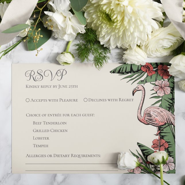 Cartão RSVP de Casamento Tropical Ivory (Elegant & Chic Ivory Floral Flamingo Tropical, Summer or Beach Wedding RSVP Response Card. )