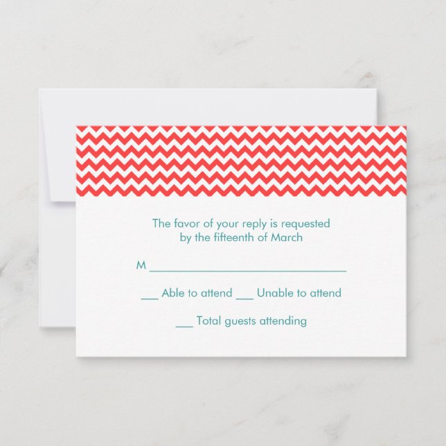 Cartão RSVP de Casamento Turquesa e Coral Chevron (Frente)