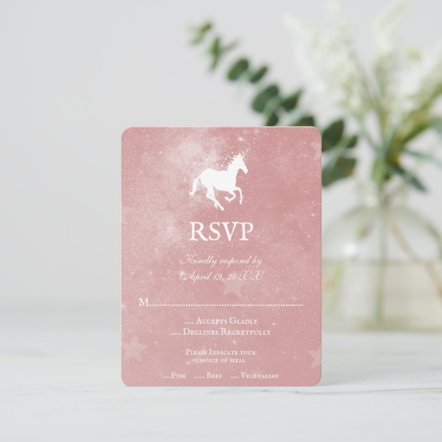 Cartão RSVP de Casamento Unicórnio Rosa (Em pé/Frente)