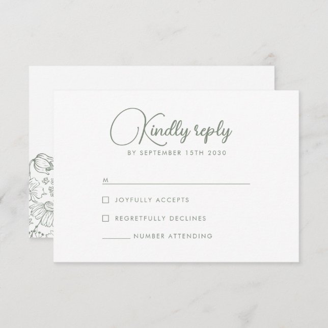 Cartão RSVP de Casamento Verde de Azeitona Elegant (Frente/Verso)