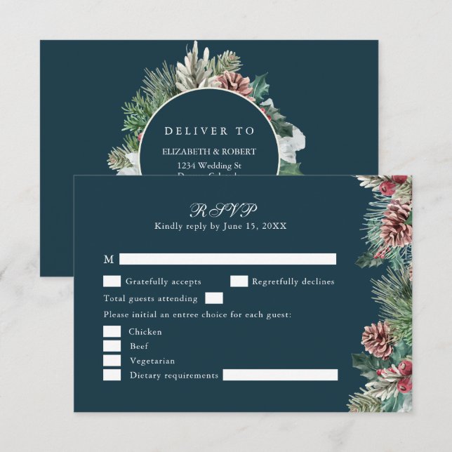 Cartão RSVP de Casamento Verde de Inverno (Frente/Verso)