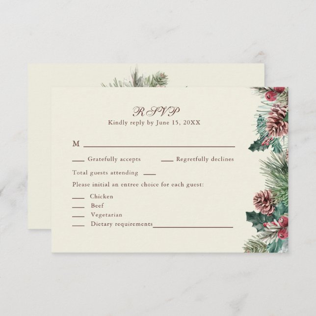 Cartão RSVP de Casamento Verde de Inverno (Frente/Verso)