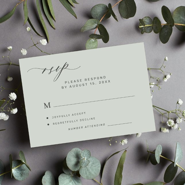 Cartão RSVP de casamento verde de sábio simples (Criador carregado)