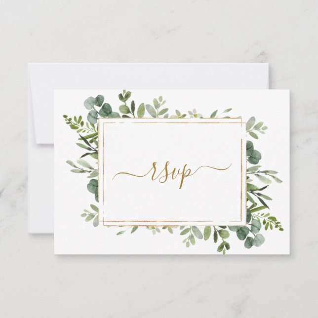 Cartão RSVP de Casamento Verde Dourado Botânico (Frente)