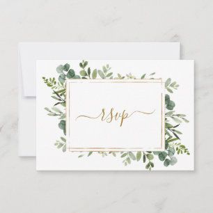 Cartão RSVP de Casamento Verde Dourado Botânico
