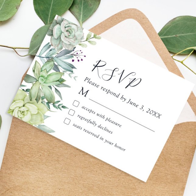 Cartão RSVP de Casamento Verde Elegante (Criador carregado)
