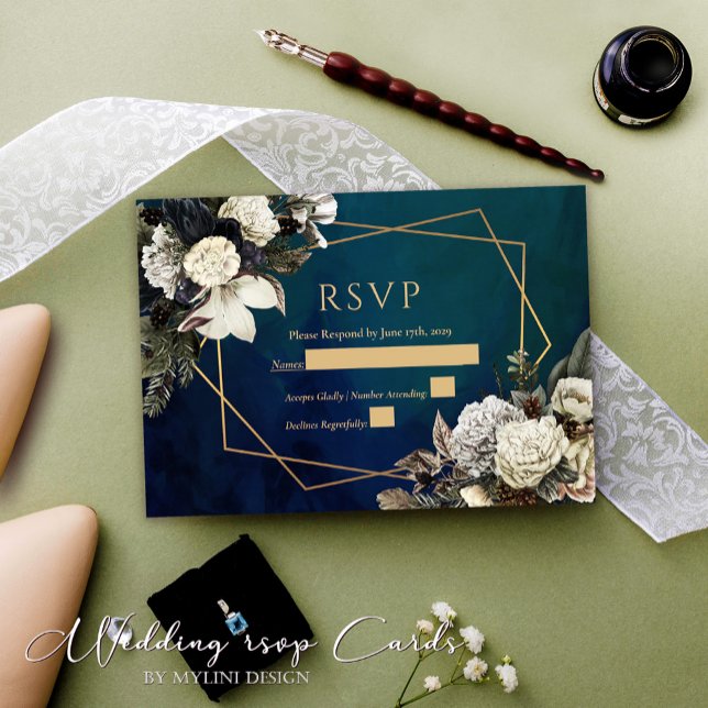 Cartão RSVP de Casamento Verde Floral Dourado Wrea (Criador carregado)