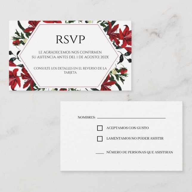 Cartão RSVP de Casamento Vermelho Floral Espanhol (Frente/Verso)