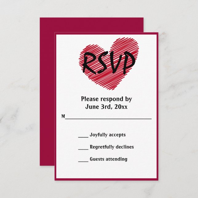Cartão RSVP de Casamento Vermelho Simples e Descol (Frente/Verso)