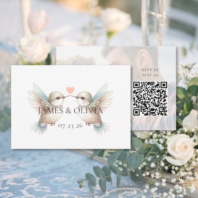 Cartão RSVP de Código QR de Adição de Casamento Ad (Adorable Wedding Add Photo QR Code RSVP Card (front and back))