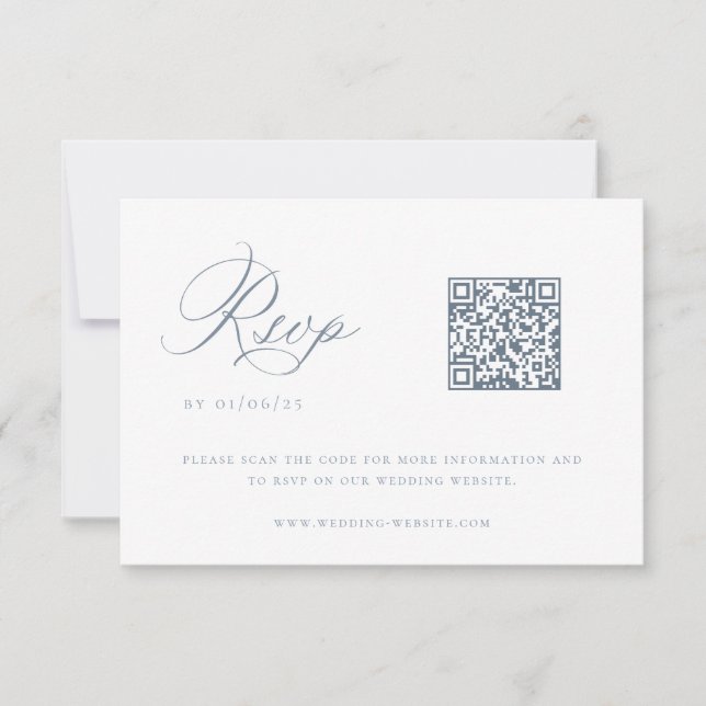 Cartão RSVP de Código QR de Casamento Azul Dusty (Frente)