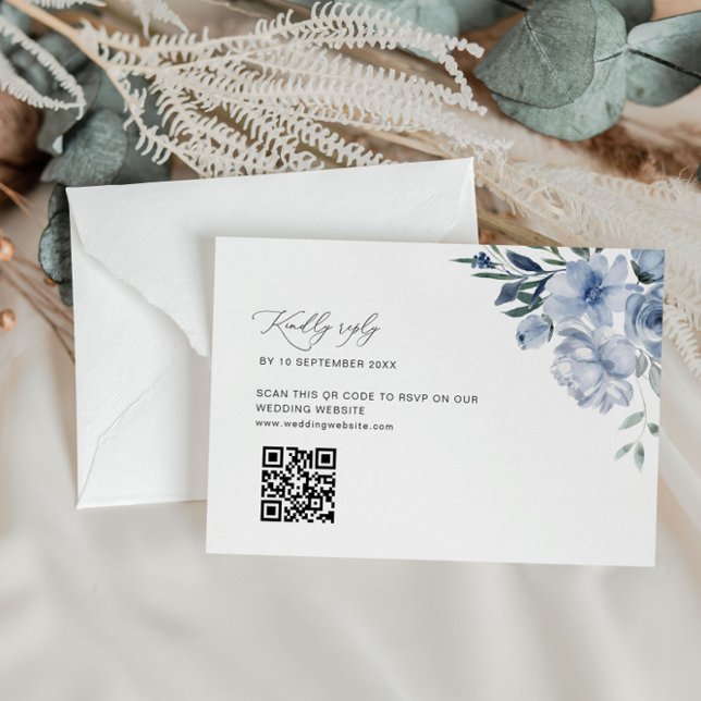 cartão RSVP de código QR de casamento azul empoeir (Criador carregado)