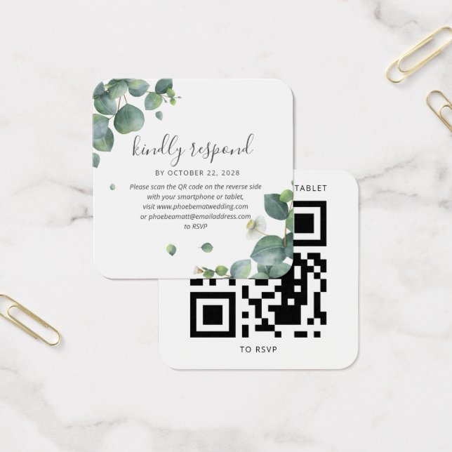Cartão RSVP de Código QR de Casamento Eucalyptus G (Escritótio)