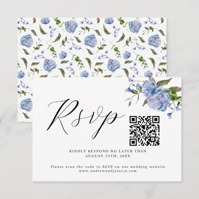 Cartão RSVP de Código QR de Casamento Floral Azul (Frente/Verso)