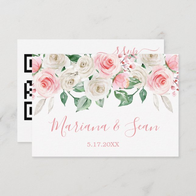 Cartão RSVP de Código QR de Casamento Floral Rosa  (Frente/Verso)