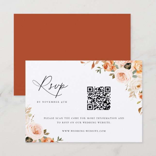 Cartão RSVP de Código QR de Casamento Floral Terre (Frente/Verso)