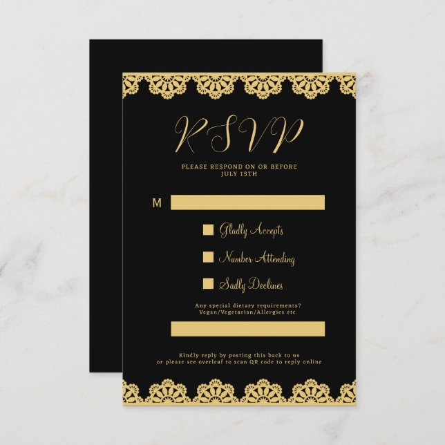 Cartão RSVP de Código QR Islâmico Elegante Dourado (Frente/Verso)