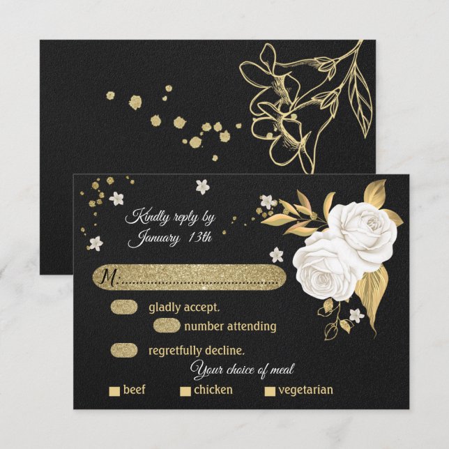 cartão RSVP de escolha de farinha preto floral de  (Frente/Verso)