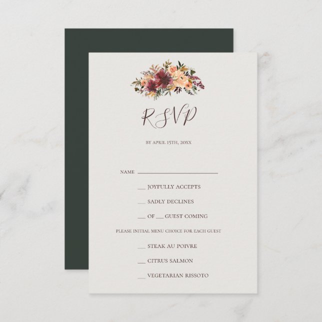 Cartão RSVP de Escolha Verde Floral Laranja Burgun (Frente/Verso)