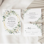 Cartão RSVP de folhagem floral branca<br><div class="desc">Um design floral moderno com flores brancas de aquarela champaigne e texto preto para seus cartões de casamento RSVP. Você pode personalizar os recursos deste cartão</div>