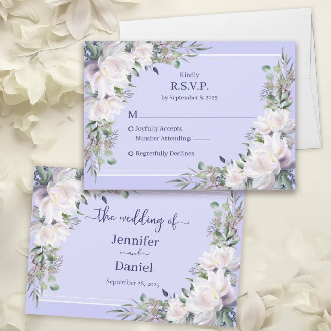 Cartão RSVP de Lavanda de Casamento de Peony Garde (Peony Garden Wedding Lavender RSVP Card - Pink Peonies and Sage Green Eucalyptus)