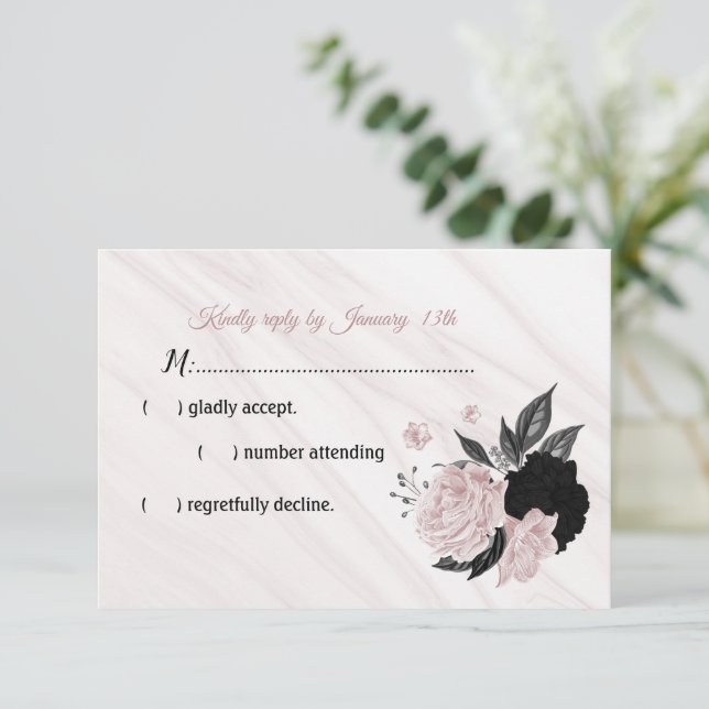 cartão RSVP de mármore preto e rosa (Em pé/Frente)