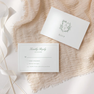 Cartão RSVP de Monograma de Crest de Script Verde