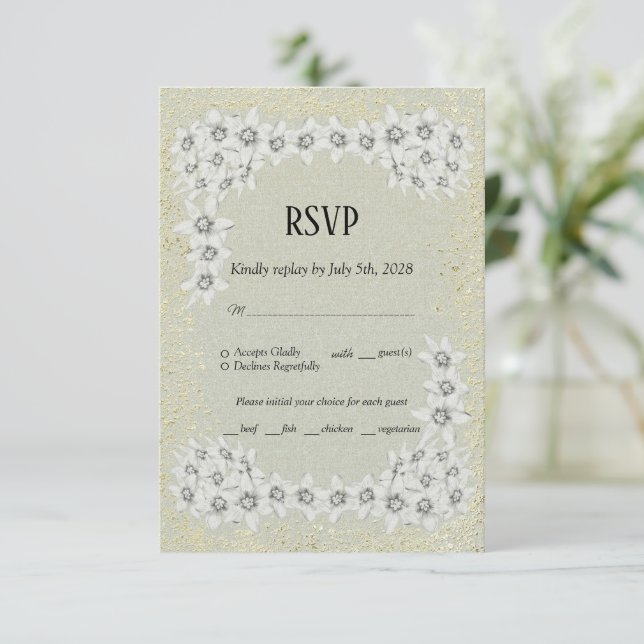 Cartão RSVP de ouro floral elegante personalizado  (Em pé/Frente)