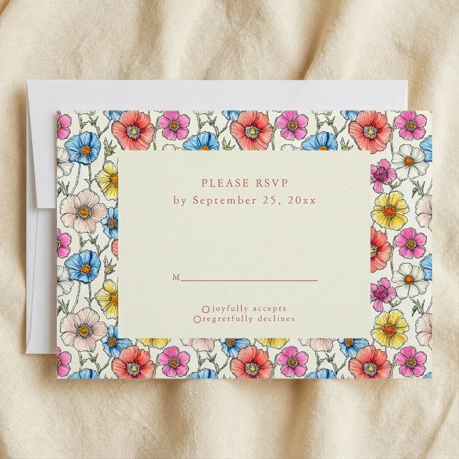 Cartão RSVP de padrão uniforme de flores silvestre (Bright wild flowers seamless pattern RSVP card.)