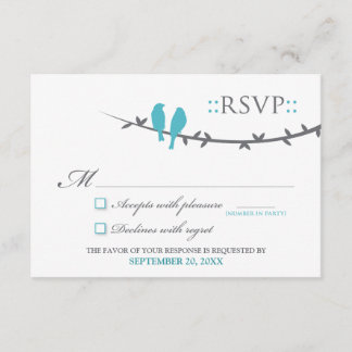 Cartão RSVP de Pássaros de Amor (aqua e branco)