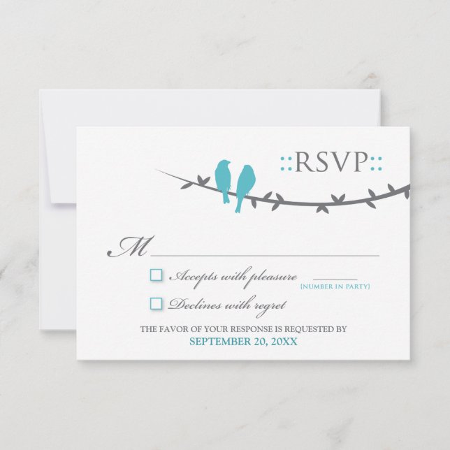 Cartão RSVP de Pássaros de Amor (aqua e branco) (Frente)