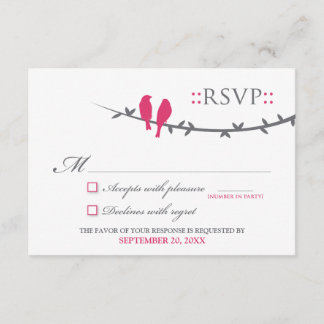 Cartão RSVP de Pássaros de Amor (fuchsia e branco)