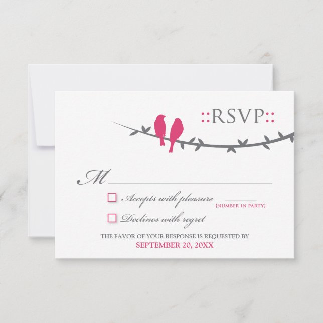 Cartão RSVP de Pássaros de Amor (fuchsia e branco) (Frente)