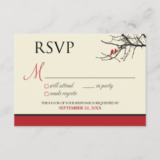 Cartão RSVP de Pássaros de Amor (preto/vermelho)::