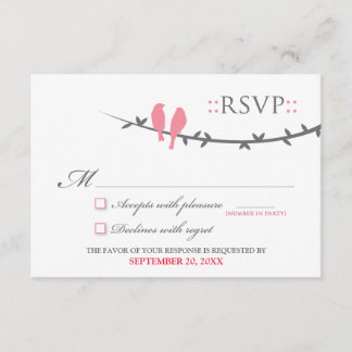 Cartão RSVP de Pássaros de Amor (rosa e branco)